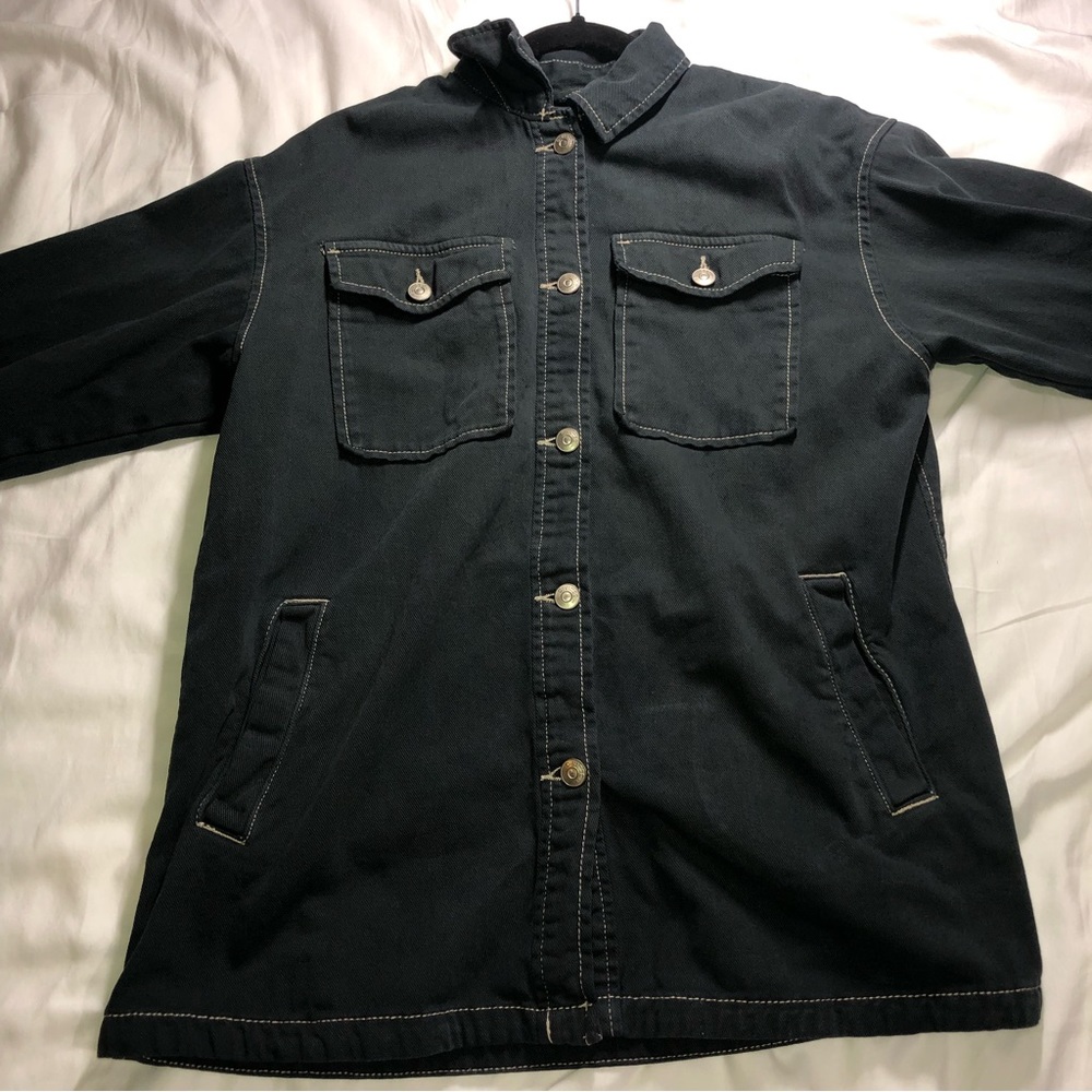 h&m black denim jacket with brown stitching